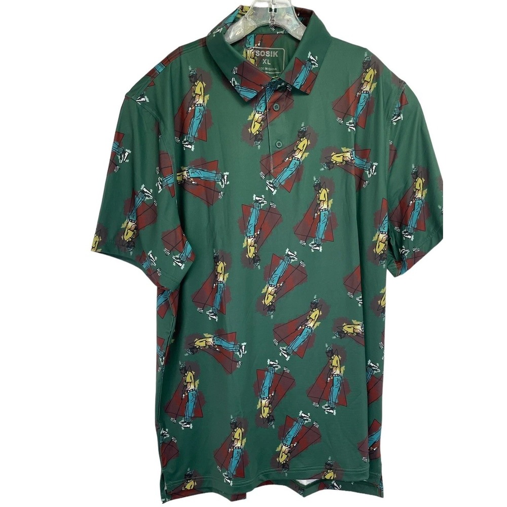 SOSIK Mens Sz XL Green W/Golfers Print  Colorful Polo Shirt (C25)‎ NWTs